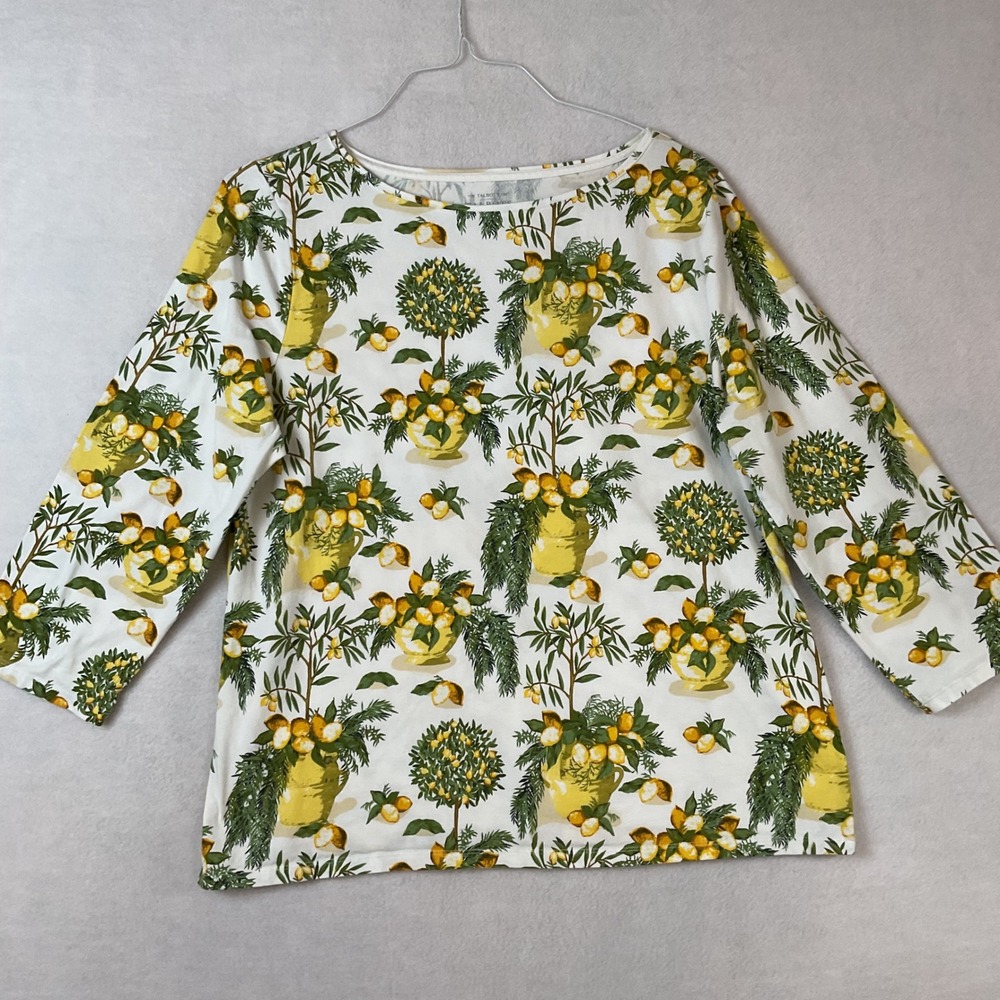 Talbots Womens XL Lemon Tree Topiary Print Boat Neck 3/4 Sleeve Cotton Tee White